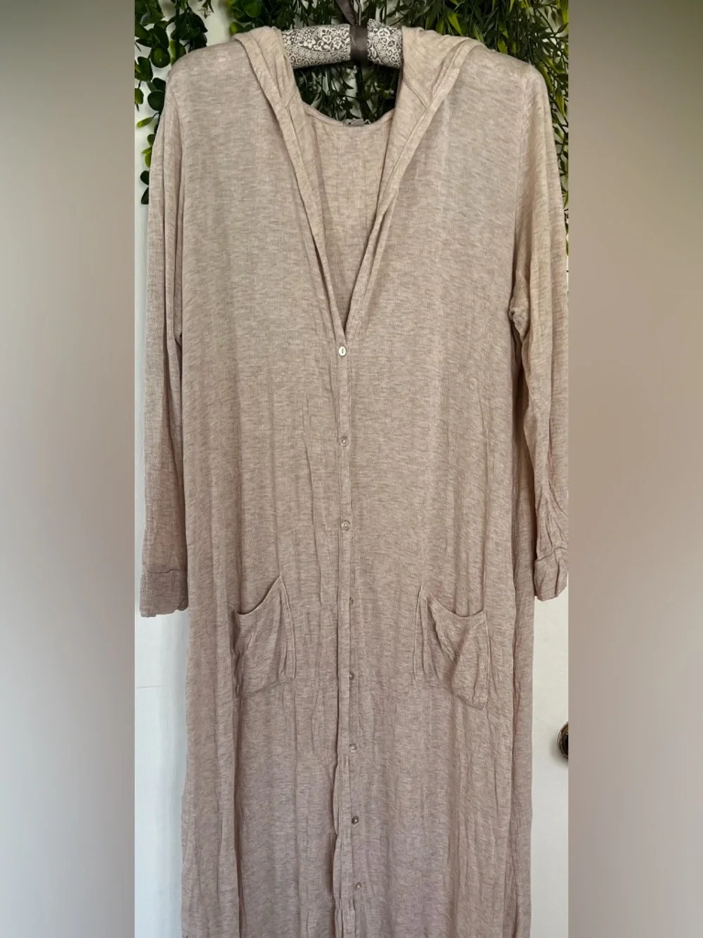 Light Taupe Button-Front Long Hooded Cardigan - Picture 8 of 8